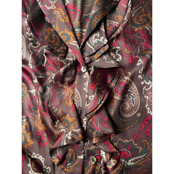 Lafayette 148 Paisley brown silk button up ruffled blouse, Size 10 - Picture 2 of 6